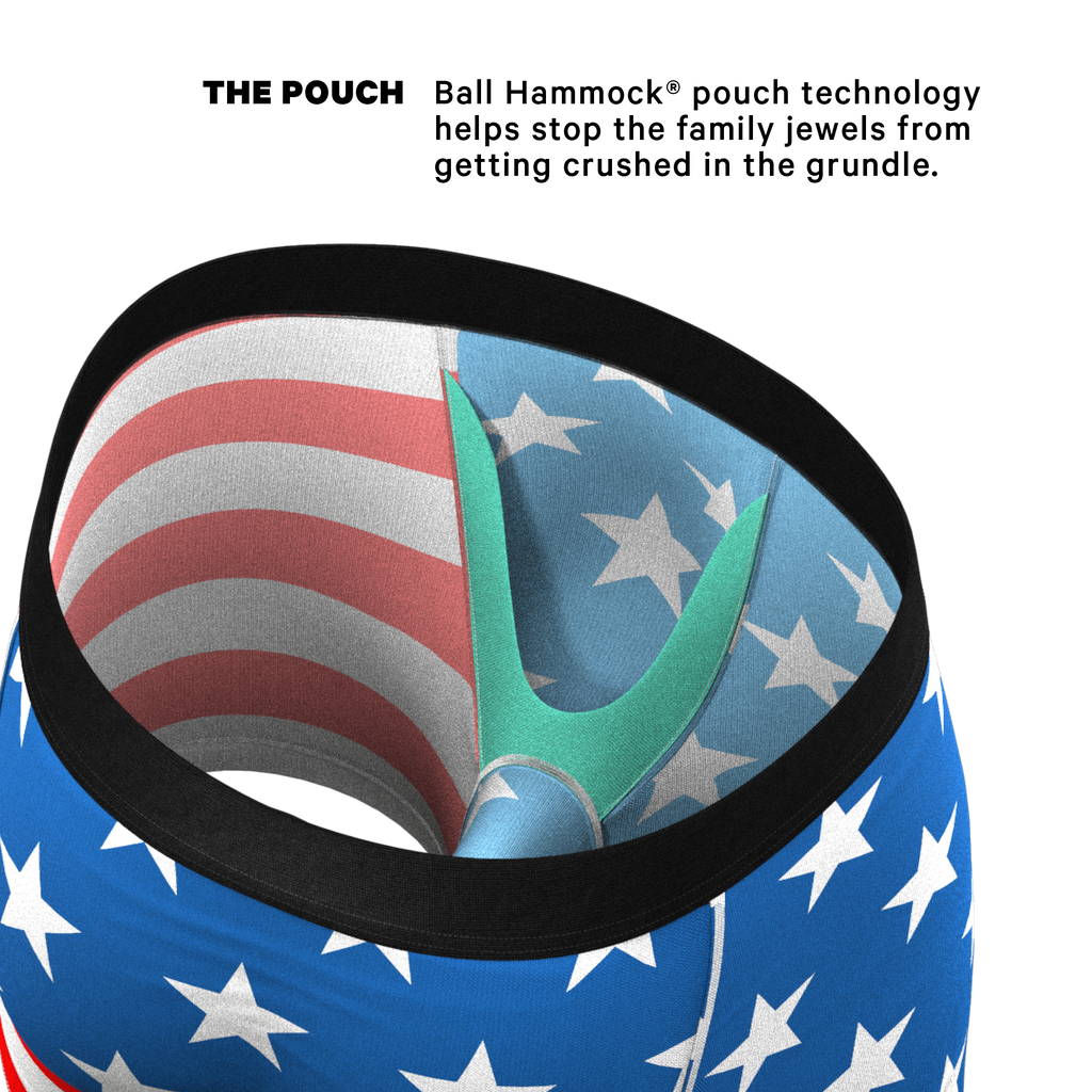 Close-up of American Flag Ball Hammock® pouch underwear featuring a flag, hat, fabric, star, and bird details.