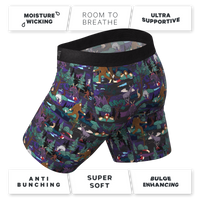 A pair of men's underwear with cartoon characters, a black fabric, and a sign.