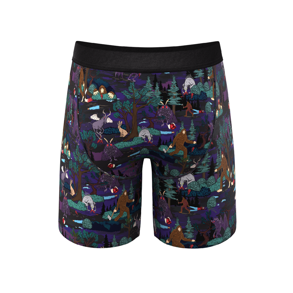 Cartoon men's underwear with monster and bigfoot designs.