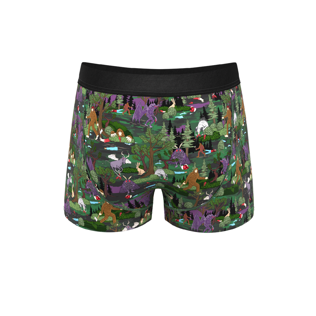 A pair of boxers featuring cartoon animals and mythical creatures.
