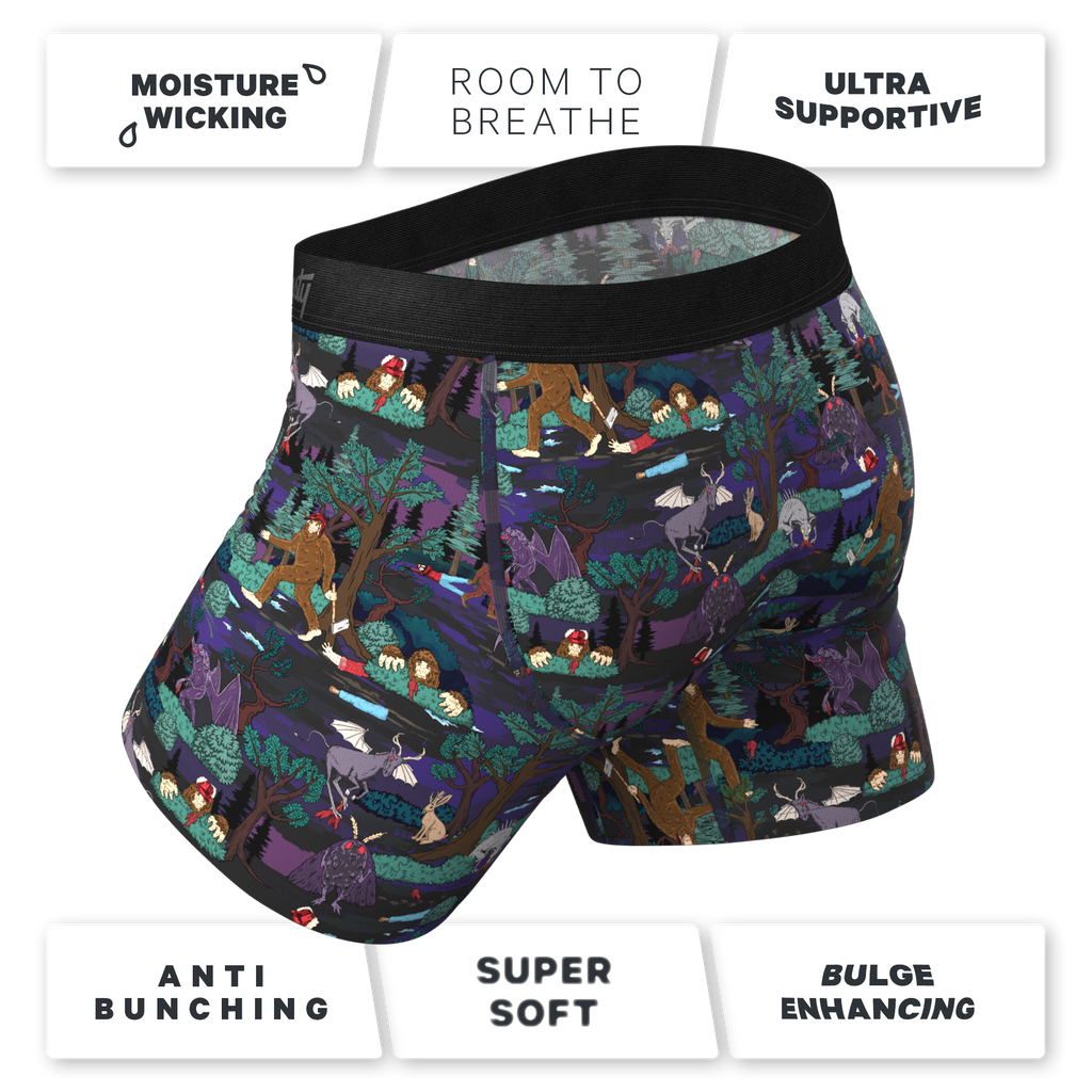 A pair of men's underwear featuring a spooky ball hammock® pouch with fly design.