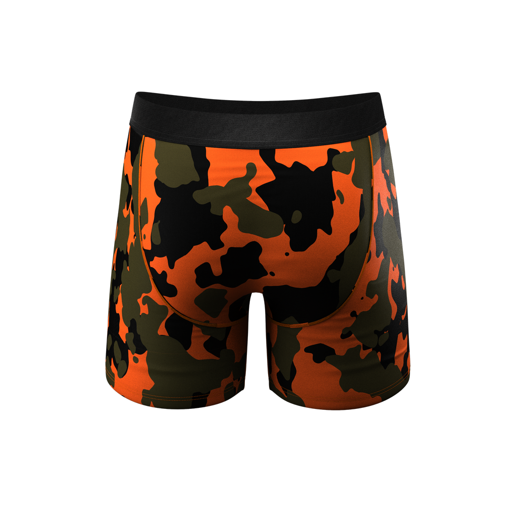 A unique pair of boxer shorts with a camouflage pattern, part of the My Name is Buck | Ball Hammock® 2 Pack.
