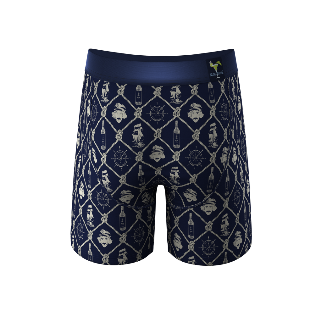 A pair of pirate ship-themed boxer briefs with a Ball Hammock® pouch.