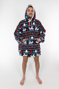 A man in The Caribou Lous | Reversible Christmas Fur Hoodie with hands in pockets, hood up, cozy and stylish.