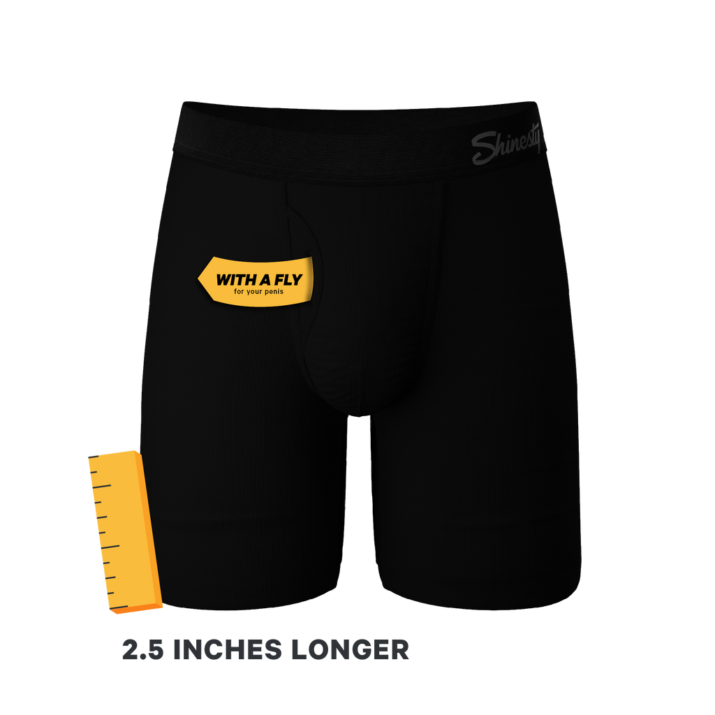 A black pouch underwear pack with a lengthy inseam and ultra-soft material, The Ash and Ember Long Leg Black Ball Hammock® Pouch Underwear With Fly 3 Pack.