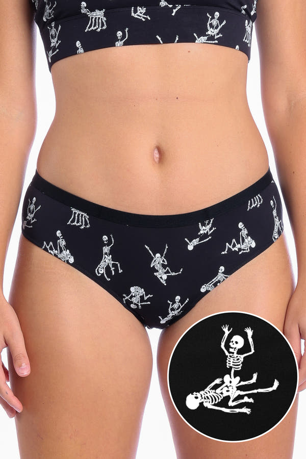 A close-up of skeleton-themed cheeky underwear.