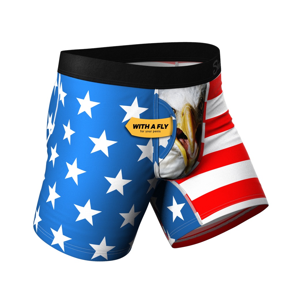 A pair of boxer shorts with an eagle, boxer briefs with an eagle, and a star design.