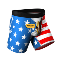 A pair of boxer shorts with an eagle, boxer briefs with an eagle, and a star design.