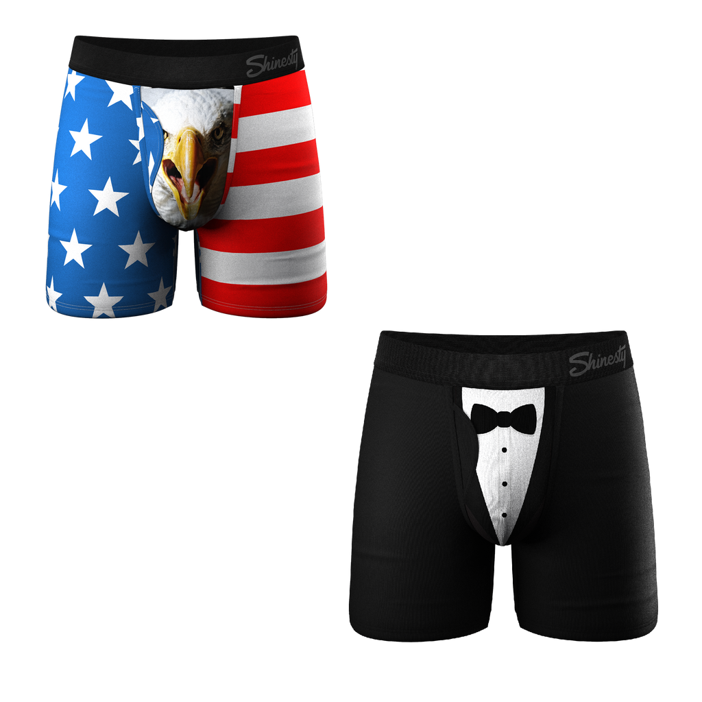 A pair of boxer briefs featuring an eagle design, part of The Gentleman's Choice Best Sellers Ball Hammock® Pouch Underwear With Fly 4 Pack.