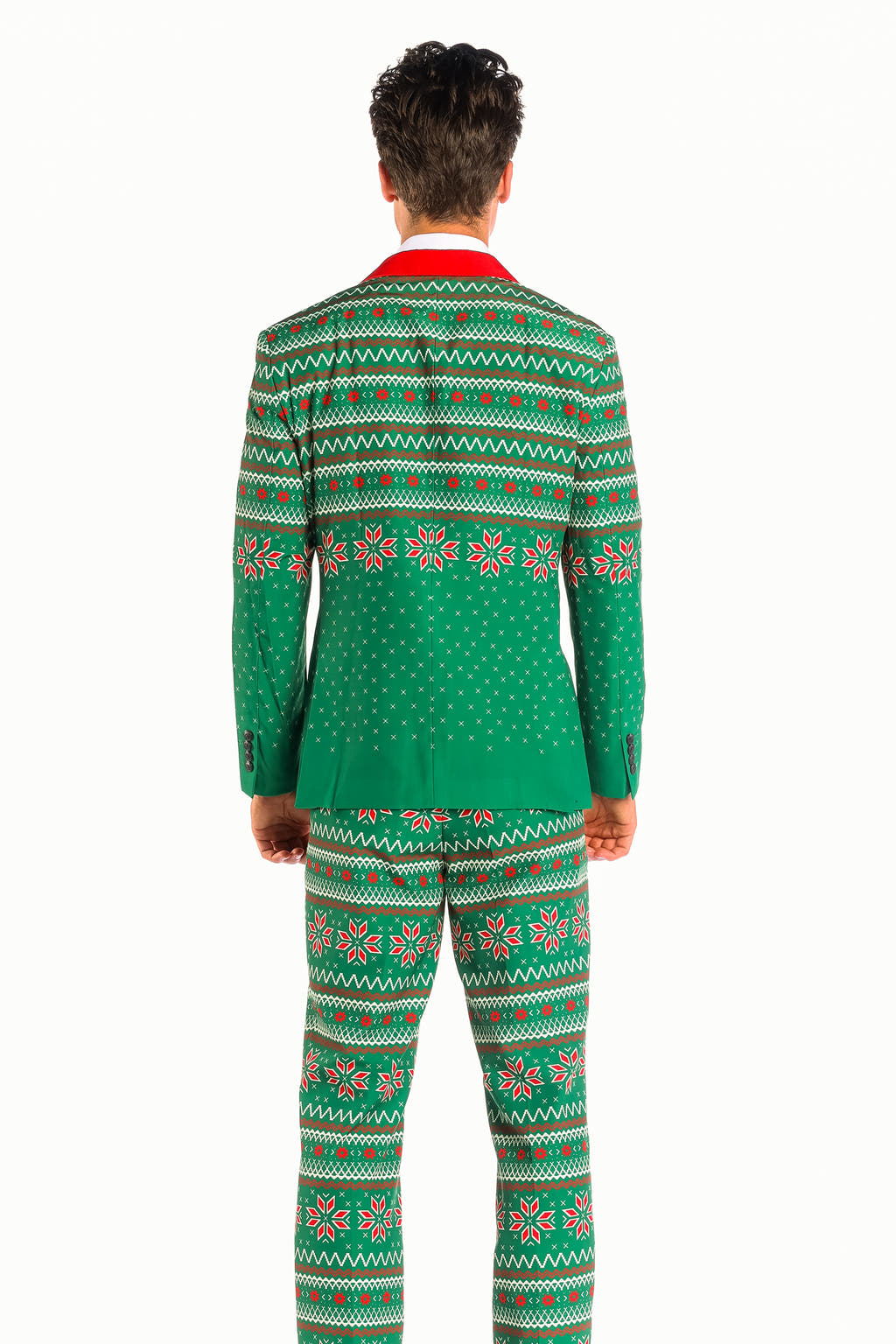 A man in The Kris Kringle Green Fair Isle Christmas Suit.