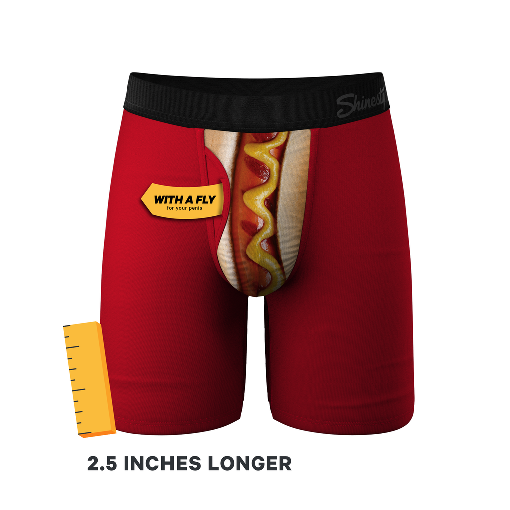 A pair of Ball Hammock® pouch underwear with a hot dog and a ruler.