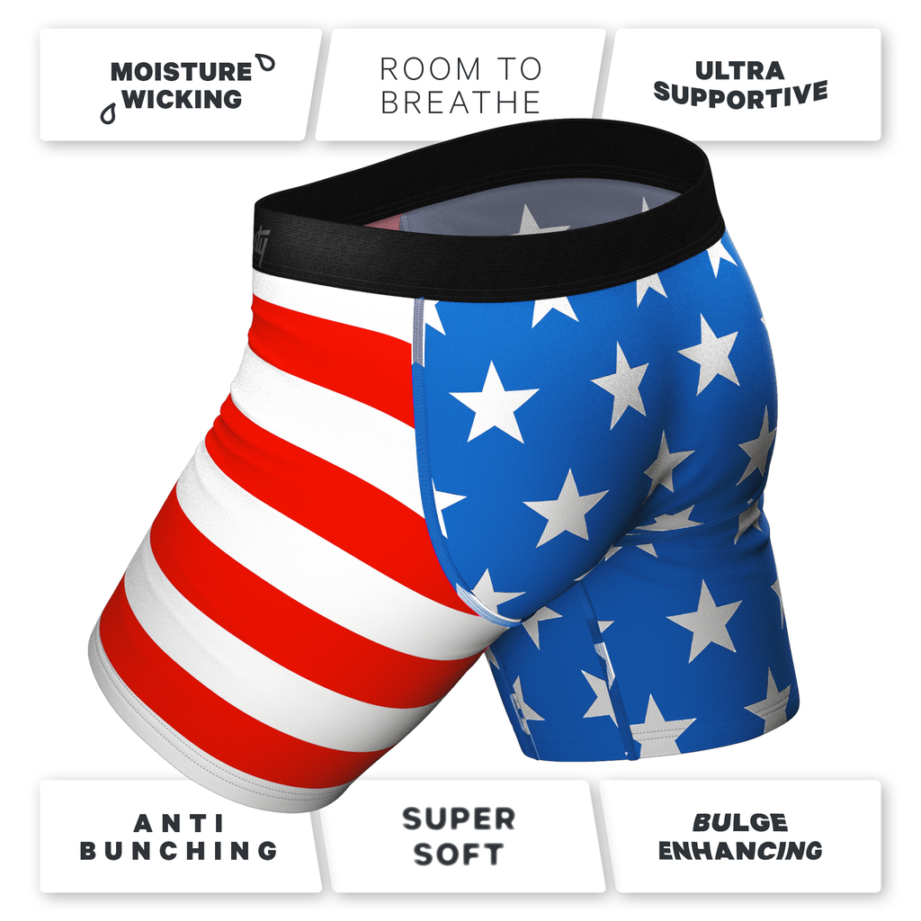 The Longest Pier men's long leg pouch underwear 3 pack with stars, stripes, and Ball Hammock® pouch.