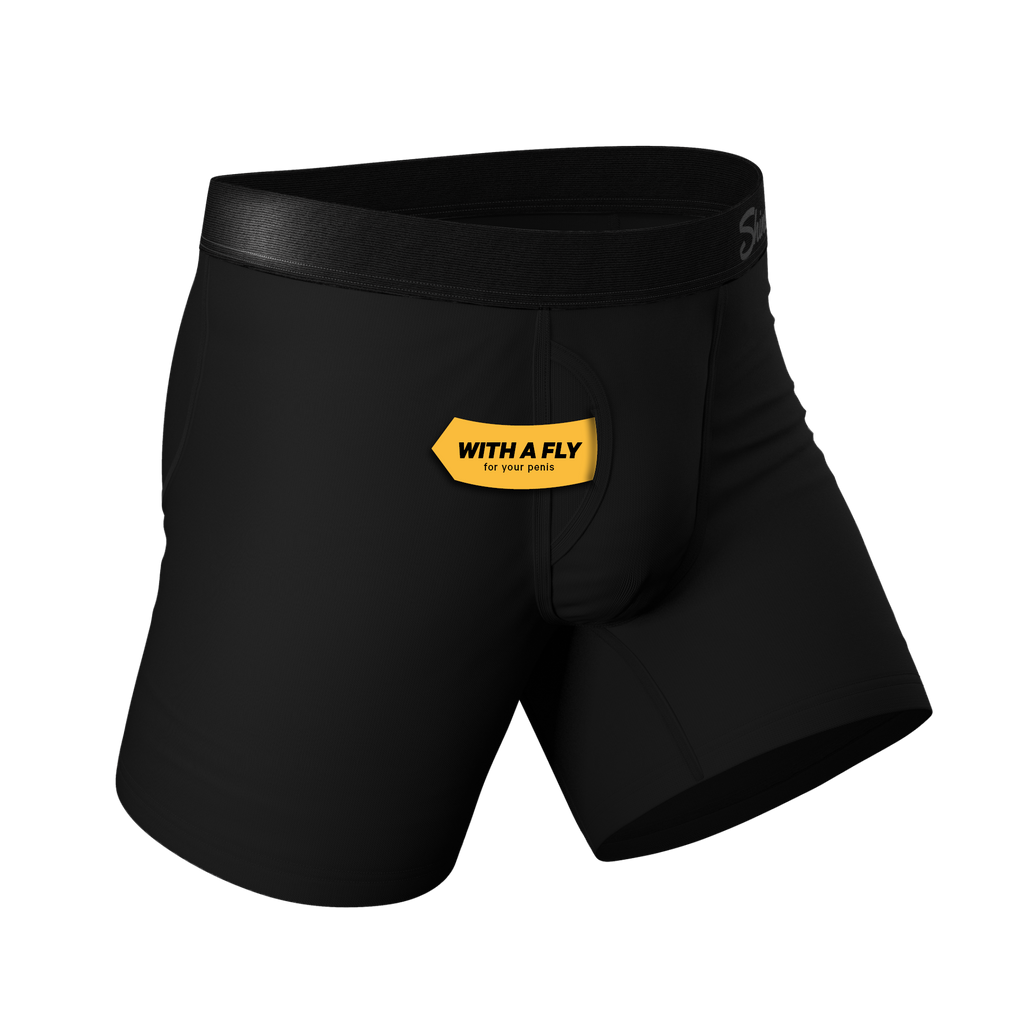 Boxer briefs with a label, fabric strip, and tag, part of The Name is Buck | Ball Hammock® Pouch Underwear With Fly 2 Pack.