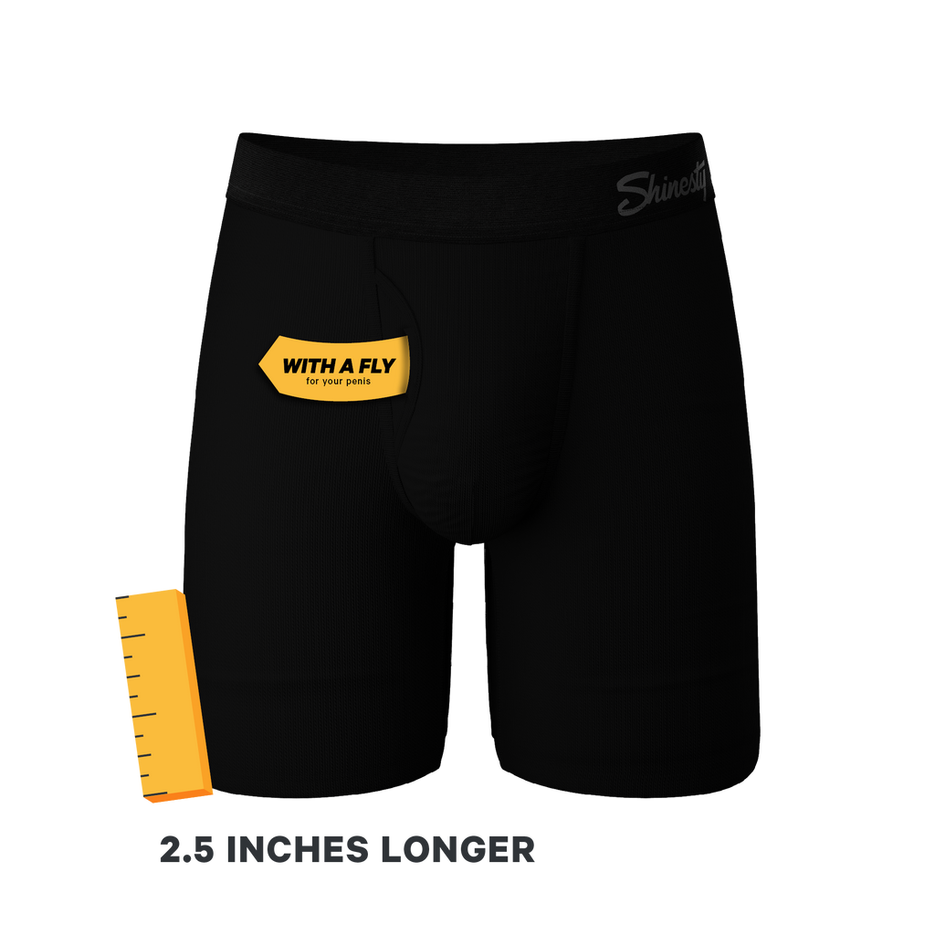 A close-up of The Threat Level Midnight long leg pouch underwear with a fly, part of a 7 pack.