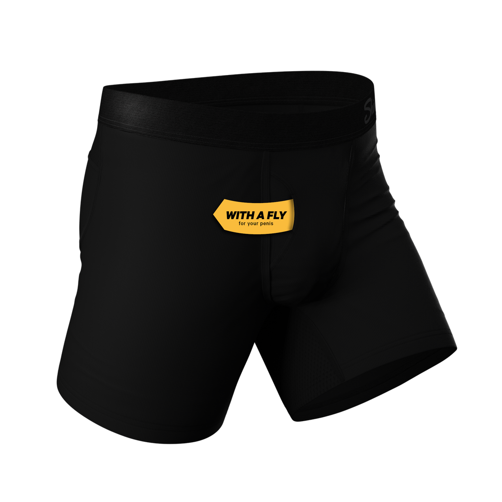 Black boxer briefs with a Ball Hammock® pouch, mesh gusset, and cooling technology.