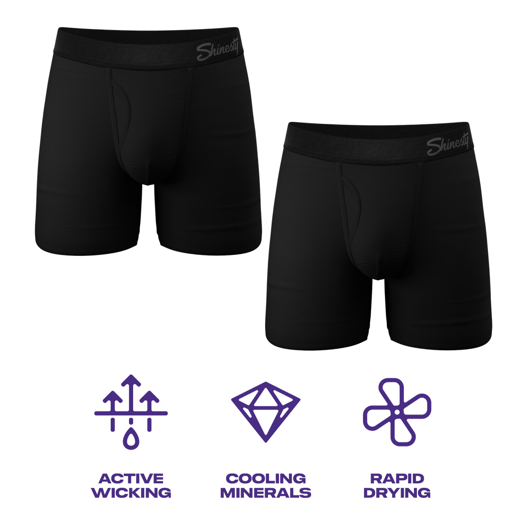 Black Cooling Ball Hammock® Underwear with Fly 5 Pack featuring a pair of boxer briefs with a diamond logo and mesh gusset for ultimate comfort.