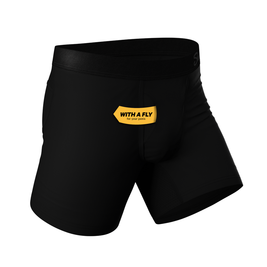 Black boxer briefs with a yellow label and cooling Ball Hammock® pouch.