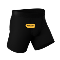 Black boxer briefs with a yellow label and cooling Ball Hammock® pouch.