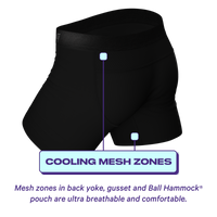 Black underwear with cooling Ball Hammock® pouch, mesh gusset, and cooling minerals.