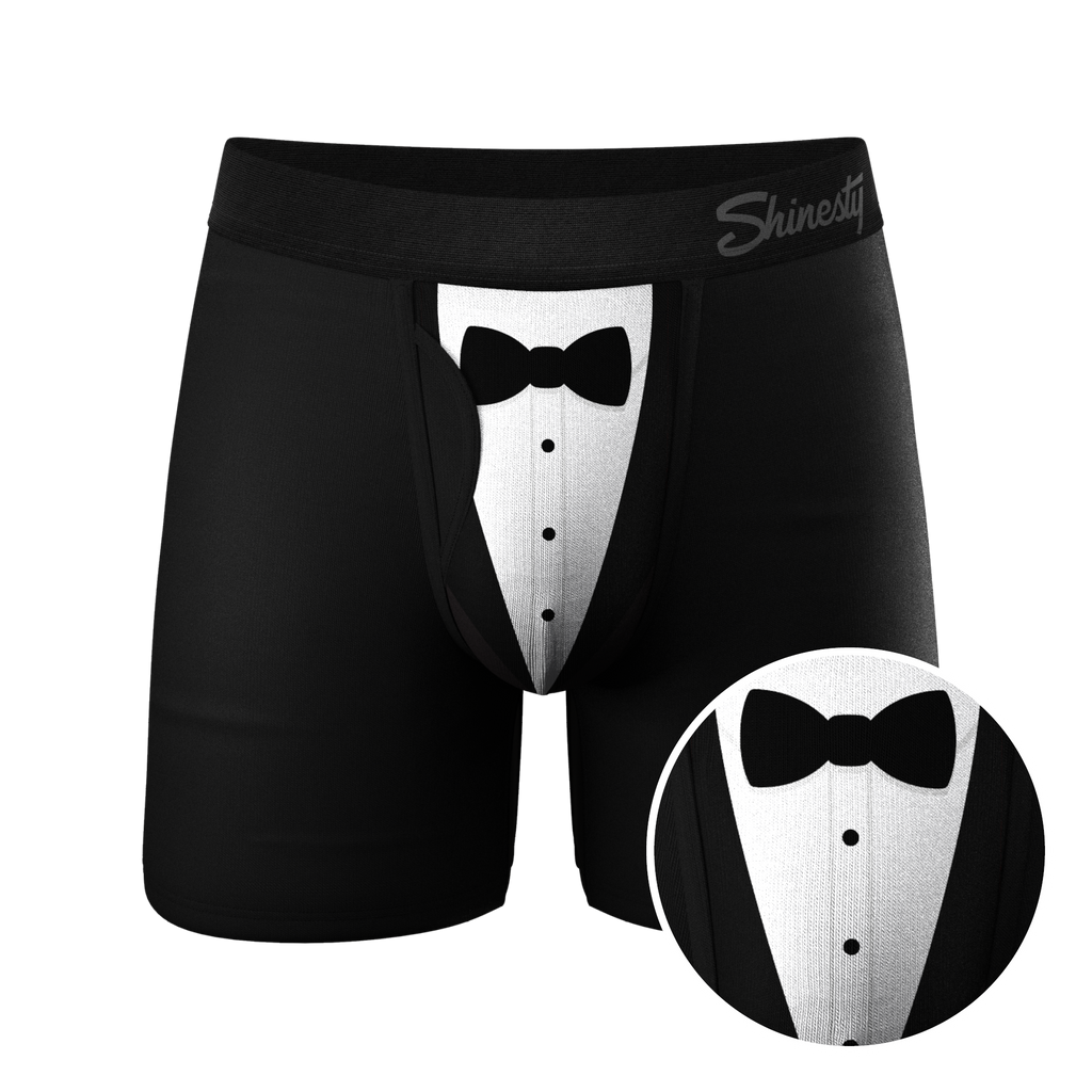 The 009 Black Tuxedo Ball Hammock® Pouch Underwear with Fly, a stylish tuxedo boxers with a bow tie for a classy look.