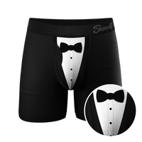 The 009 Black Tuxedo Ball Hammock® Pouch Underwear with Fly, a stylish tuxedo boxers with a bow tie for a classy look.