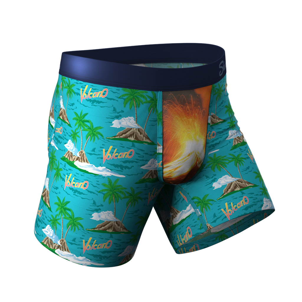 The Volcano | Margaritaville® Ball Hammock® Pouch Underwear, a pair of boxer briefs with volcanic and mountain motifs, logo details, and a fabric close-up.