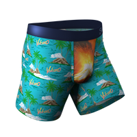 The Volcano | Margaritaville® Ball Hammock® Pouch Underwear, a pair of boxer briefs with volcanic and mountain motifs, logo details, and a fabric close-up.