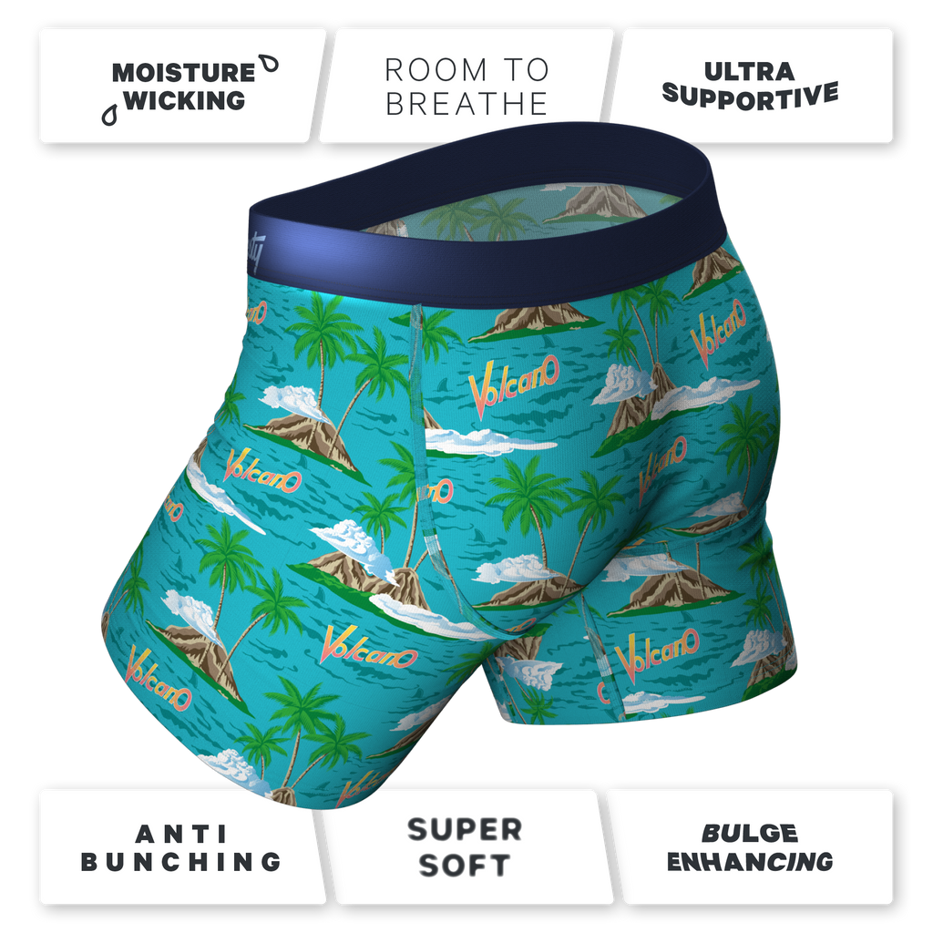 The Volcano boxer briefs with tropical design and logo detail.