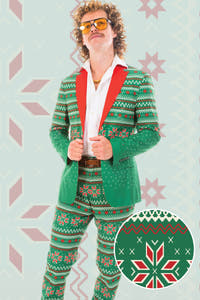 A man in The Kris Kringle Green Fair Isle Christmas Suit, exuding holiday magic and style.