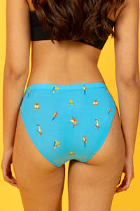 A woman wearing The Tweet Yourself | Parrot Modal Bikini Underwear with birds on it, embodying Shinesty's playful and outlandish clothing collection.