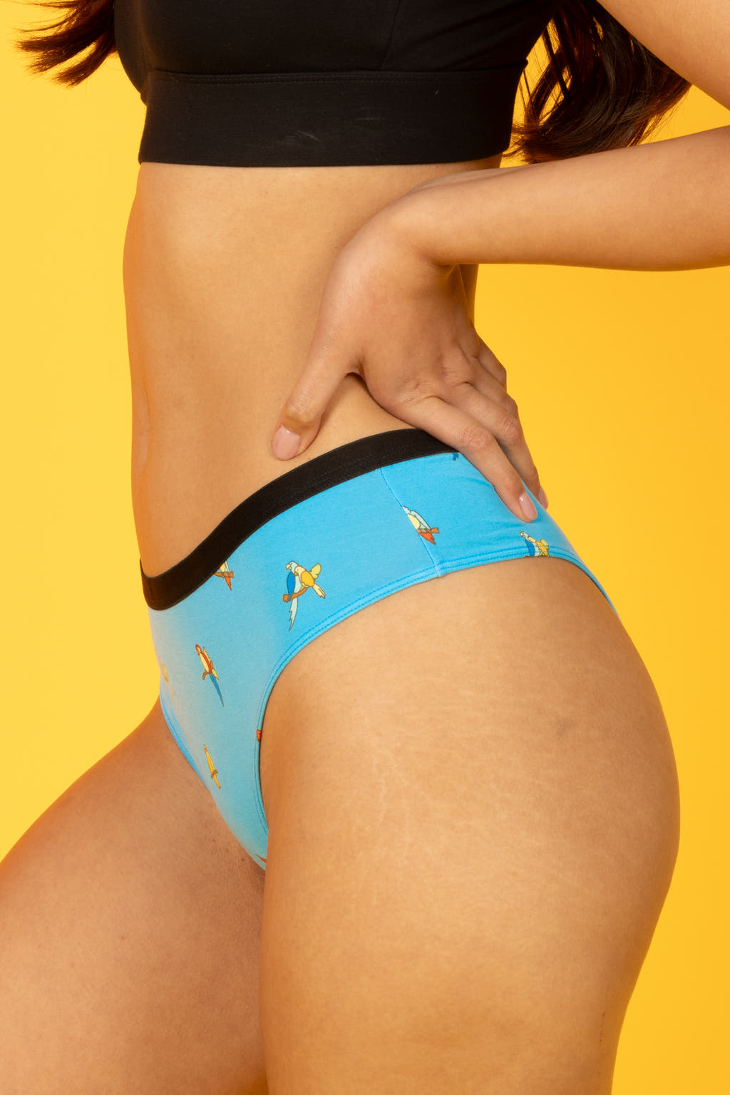 A cheeky underwear featuring a playful parrot design, embodying Shinesty's outlandish style. The Tweet Yourself | Parrot Cheeky Underwear captures whimsy with a bird motif.