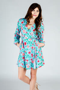 green and blue rose wrap dress