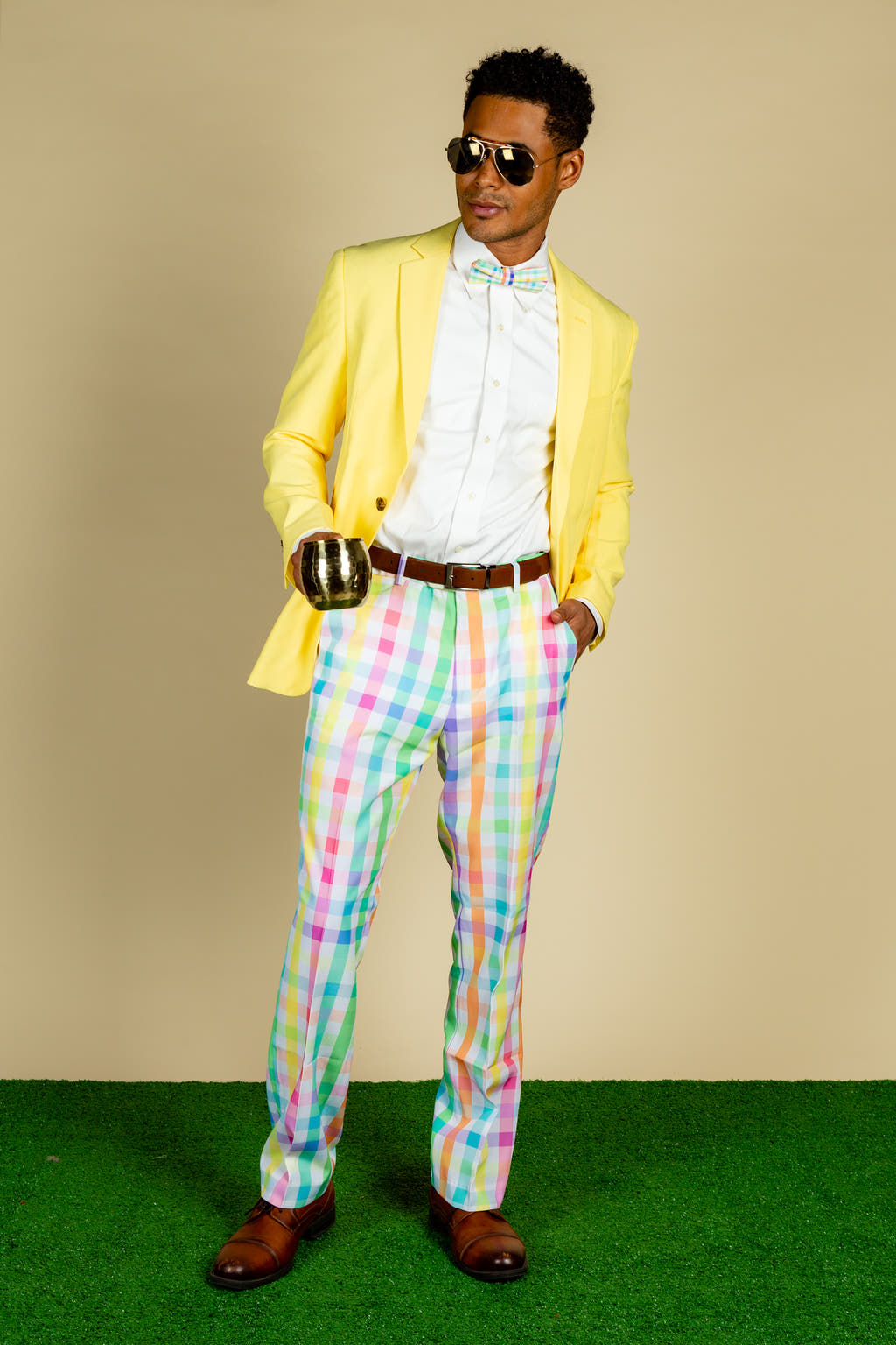 pastel plaid derby suit
