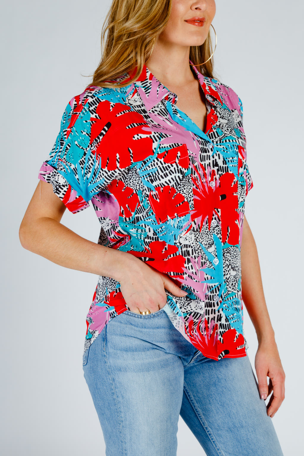 Women's bright patterned Hawaiian shirt