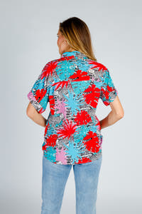 blue pink and red hawaiian shirt
