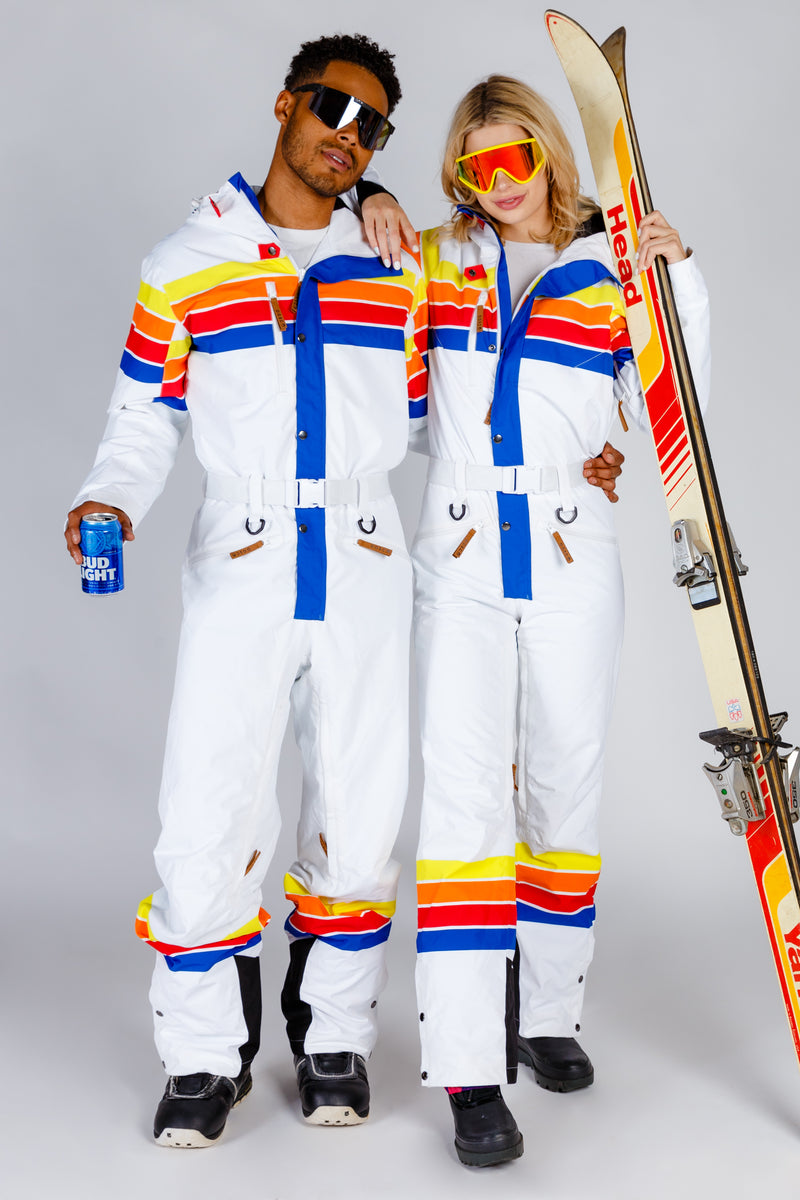 Mens White Retro Striped Ski Suit | The Powder Day
