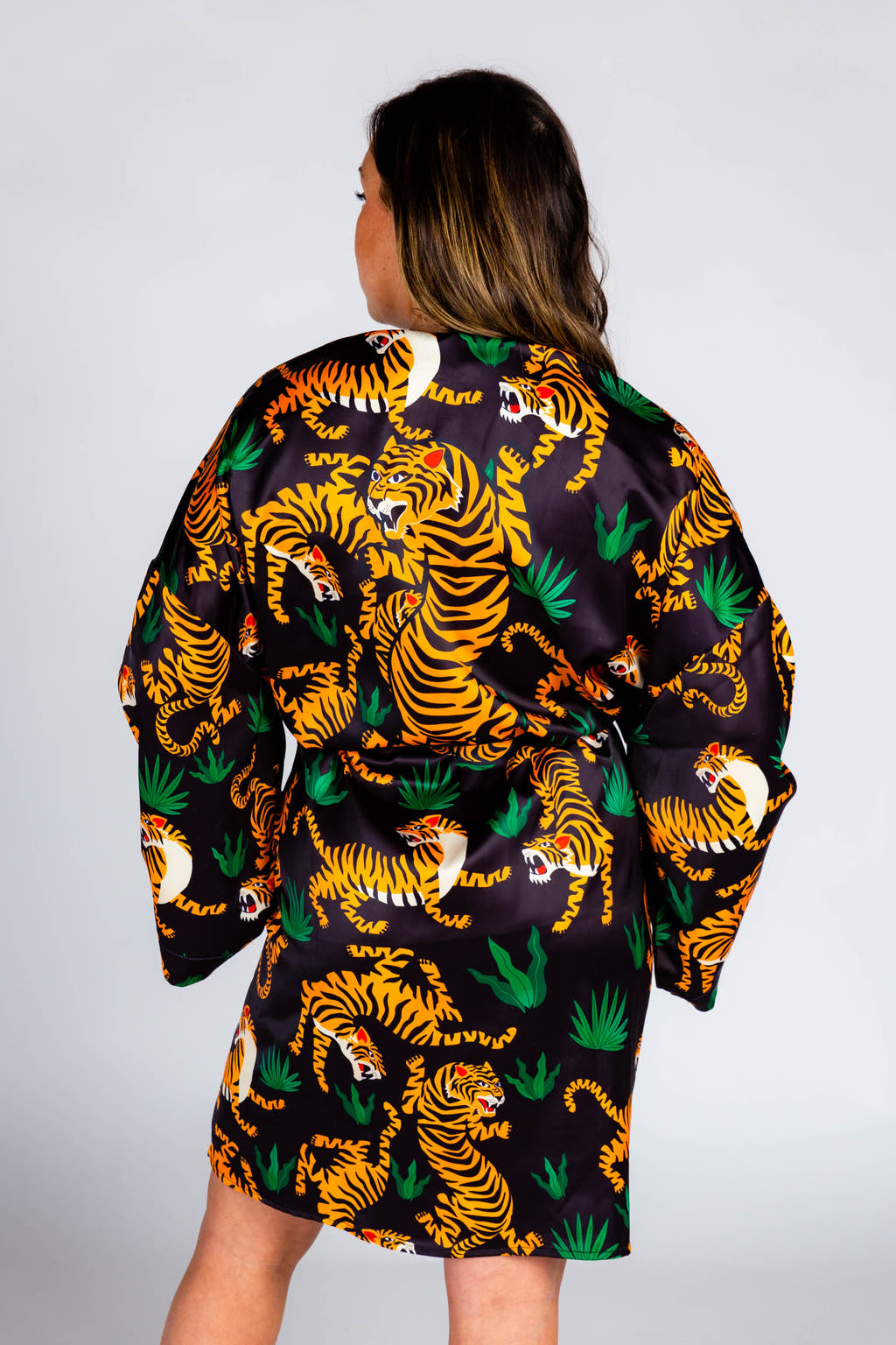 back of womens tiger print kimono robe 