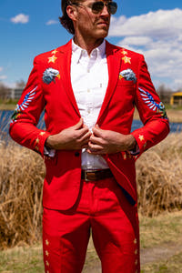 red suit with printed eagle