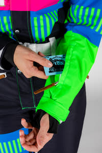 black green pink blue ski suit