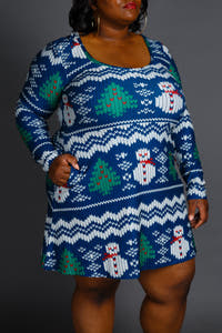 ladies winter print blue christmas dress