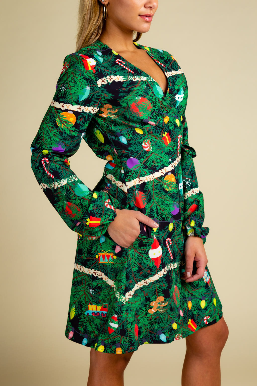 ladies christmas tree print wrap dress