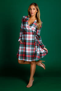 Red and Green Plaid Holiday Wrap Dress for Women