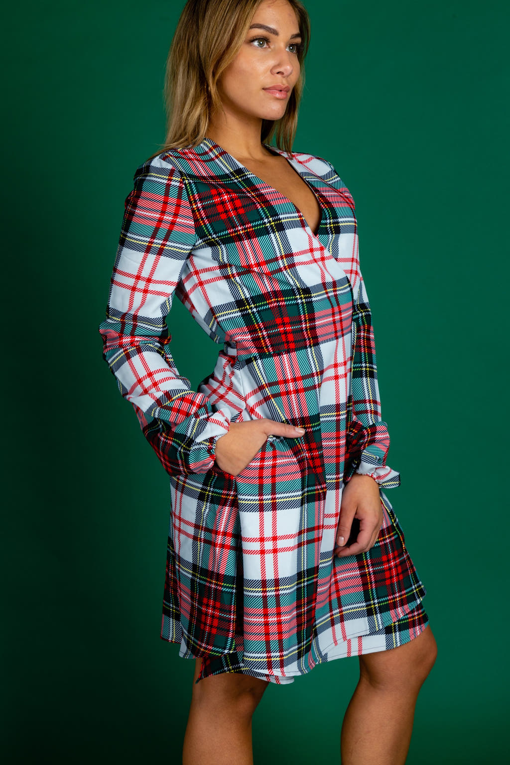 Womens Red and Green Plaid Christmas Wrap Dress