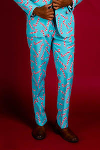 mens blue candy cane print christmas suit pants