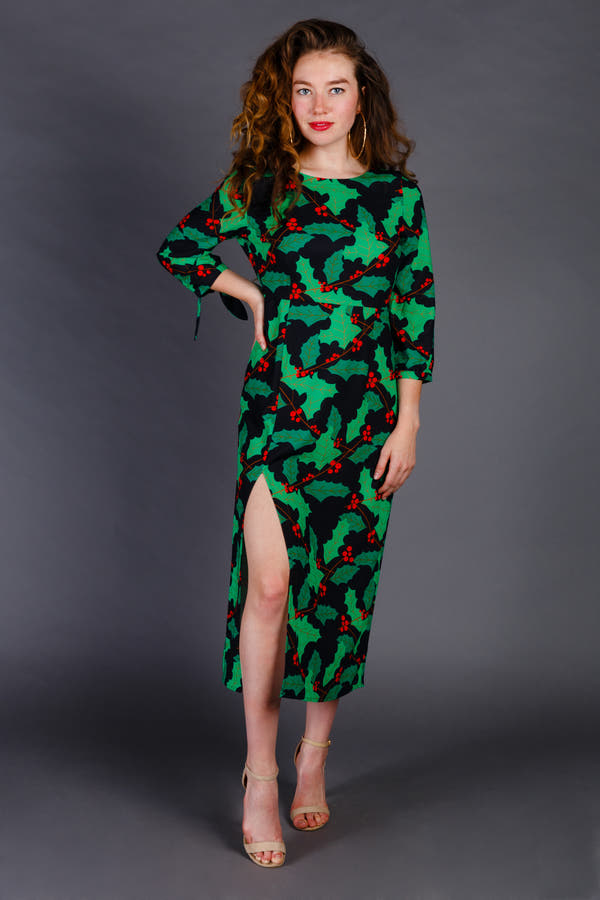 The Deck Yourselves | Holly Pattern Midi Formal Christmas Dress