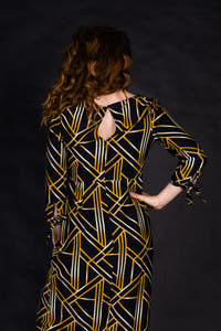 Women's gold and black midi dress