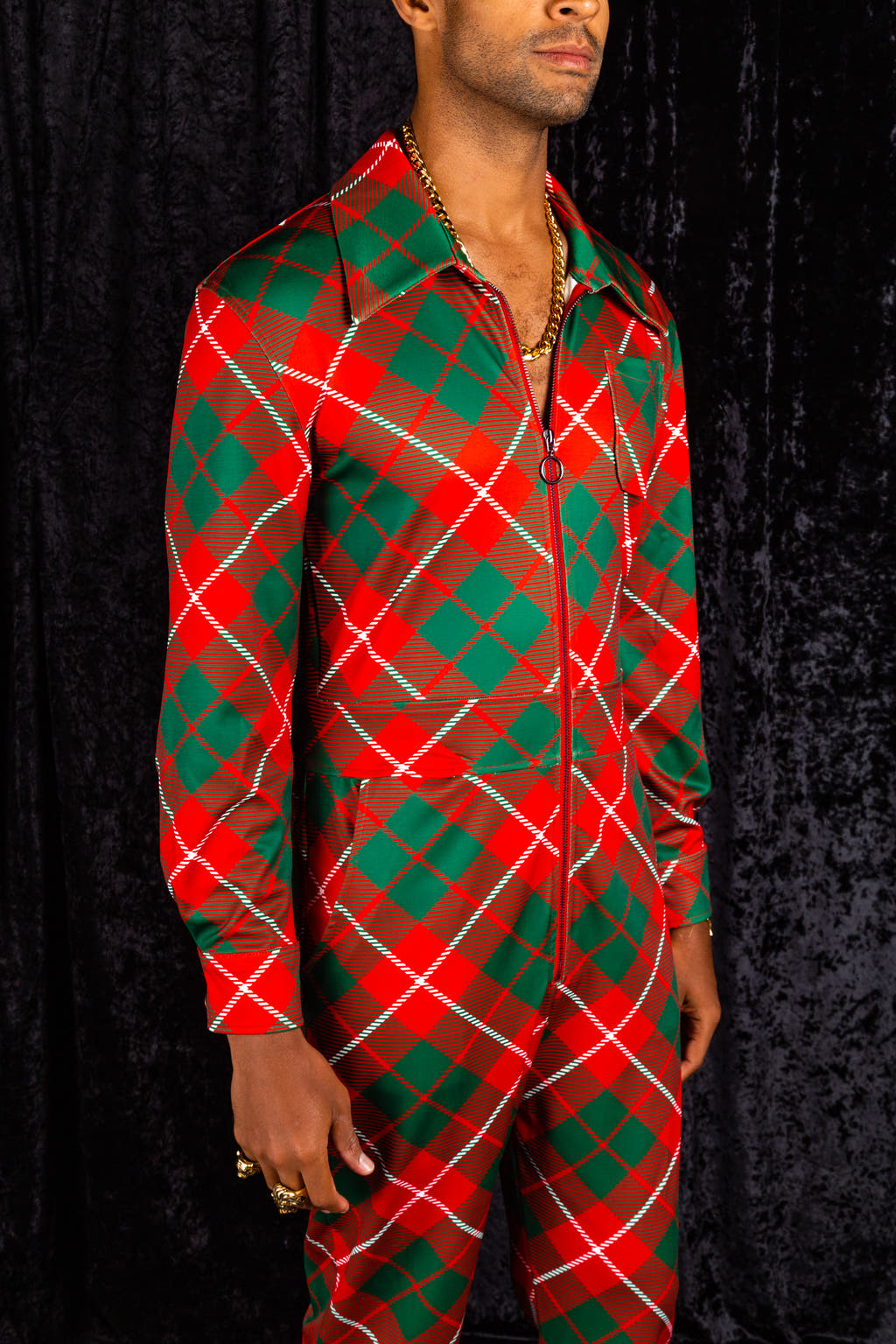 Mens Red Plaid Christmas Flight Suit