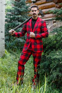 Red and black plaid christmas suit