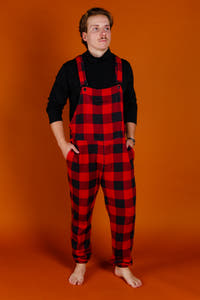 mens red and black buffalo check holiday pajamaralls