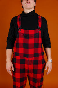 Red buffalo check holiday overalls for men